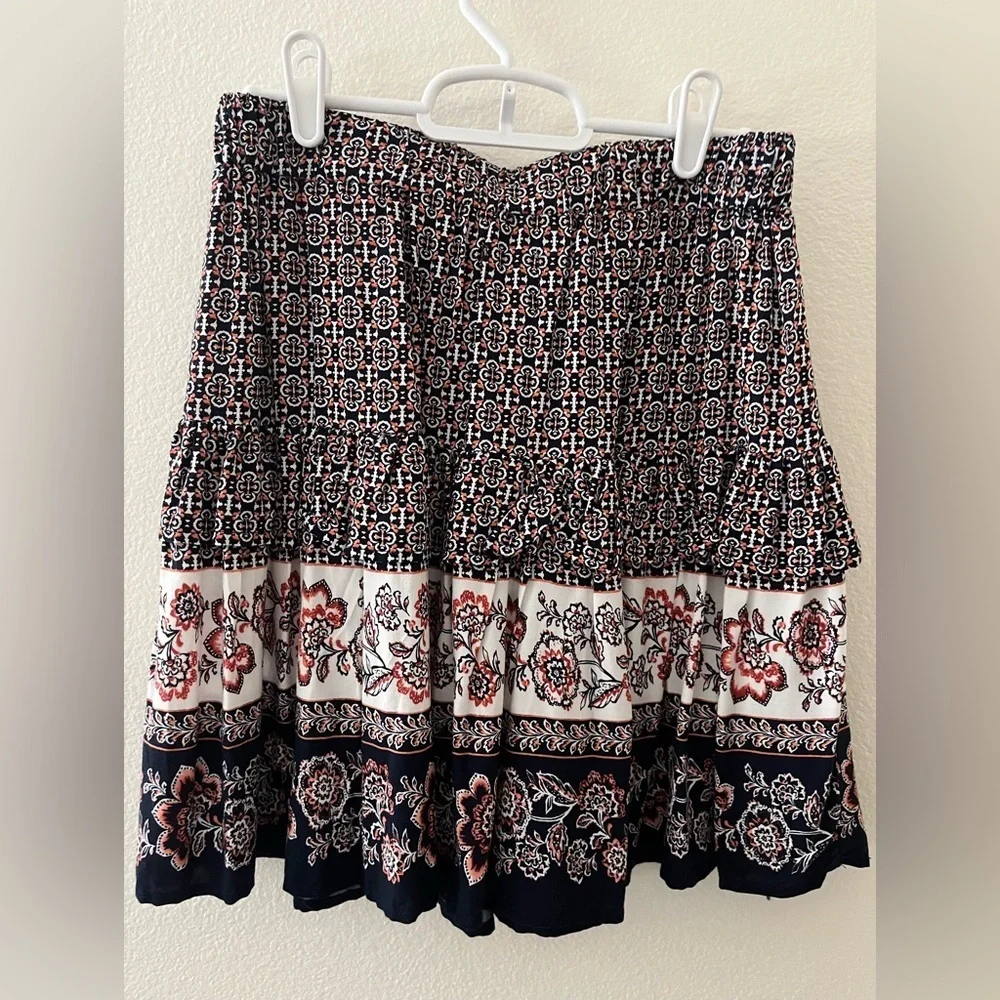 Blue Rain Navy Blue, Orange, Cream Short Skirt with Tassel Tie Pull On Small